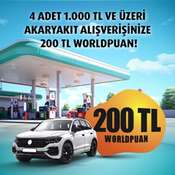 4 adet 1.000 TL ve üzeri akaryakıt alışverişinize 200 TL Worldpuan! 