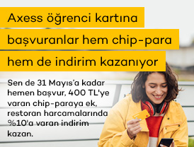 Axess Öğrenci kartına şimdi başvuran Akbanklılar, 400 TL’ye varan chip-paraya ek, 31 Temmuz’a kadar restoran harcamalarında %10 indirim kazanıyor!
